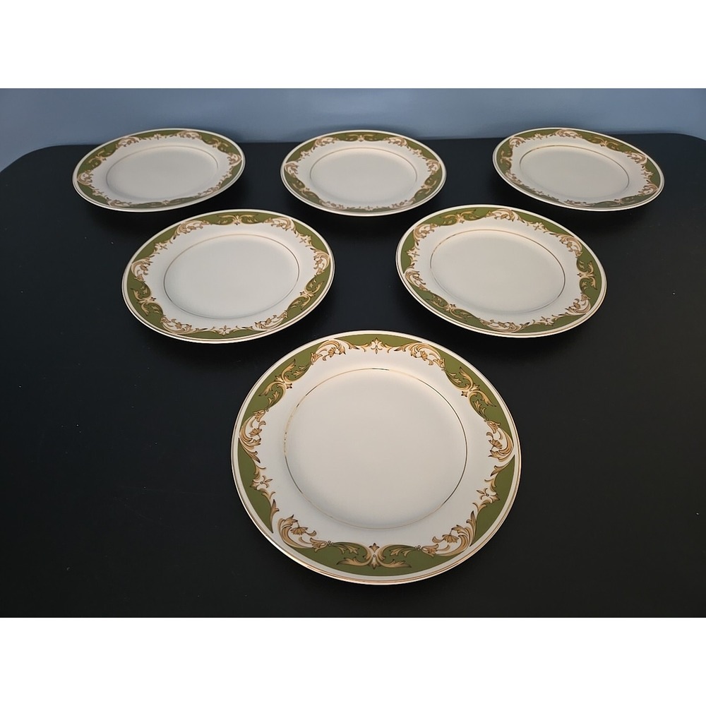 Vintage Set of 6 Style House Fine China KIMBERLY Green & Gold 6.5" Dessert Plate